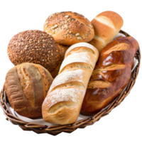 Assorted Bakery Breads in a Basket with Delicious Fresh Baked Loaves and Rolls on a Textured Background png