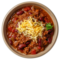 Hearty Chili Dish Topped with Cheddar Cheese and Fresh Herbs in Brown Bowl on White Background png