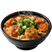 Delicious bowl of steaming noodles with dumplings and scallions in a rich broth, garnished and appetizing png
