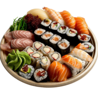 Fresh and Colorful Sushi Platter with Assorted Rolls, Sashimi, and Toppings Perfect for Japanese Cuisine Lovers png