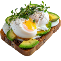 Delicious and Healthy Avocado Toast with Poached Eggs and Microgreens on Artisan Bread png