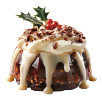 Traditional Christmas Pudding with Rich Creamy Topping, Festive Holly, and Shaved Chocolate Garnish png