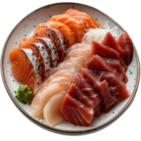 Fresh and Colorful Sashimi Platter with a Variety of Fish on a White Plate Garnished with Wasabi and Garnish png