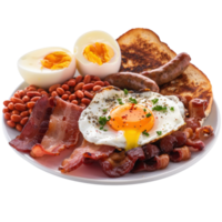 Delicious Full Breakfast Plate with Bacon, Eggs, Sausages, Toast, Beans, and Garnish Served on a White Plate png