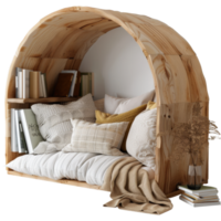 Cozy wooden nook with cushions, books, and a warm blanket for relaxation and reading in a serene indoor environment png
