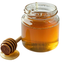 Glass jar filled with honey and a wooden honey dipper resting beside it, creating an inviting kitchen scene png