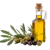 Olive oil in glass bottle with fresh green leaves and assorted olives on a white background for culinary use png