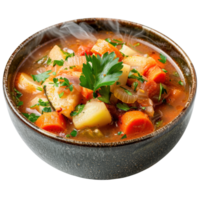 Fresh, Colorful Vegetable Soup in a Rustic Bowl with Steam Rising and Garnished with Fresh Herbs png