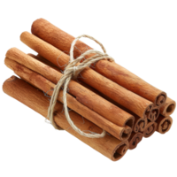 Freshly harvested cinnamon sticks bundled with jute twine, perfect for culinary and aromatic purposes in kitchen settings png