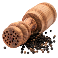 Wooden Pepper Mill with Ground Pepper and Whole Peppercorns on White Background for Culinary Use png