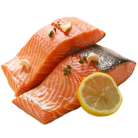 Fresh Salmon Fillets with Lemon Slice and Thyme Garnish on White Background for Culinary Themes and Healthy Eating png