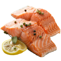 Fresh Raw Salmon Fillet with Lemon Slice and Peppercorns on White Background for Culinary Themes png