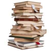Stack of Various Vintage Books with Colorful Bookmarks Isolated Against White Background png