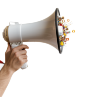 Person Holding Megaphone with Colorful Confetti and Celebratory Elements Emerging from It png