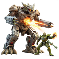 A giant robot, with weathered metal and glowing energy cannons, battles a colossal alien creature, illuminated by the explosions of their weapons. Epic sci-fi, dynamic action png