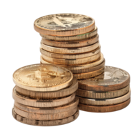 Stacked Bitcoin Coins with Varying Designs and Textures Focused on Cryptocurrency Investment png