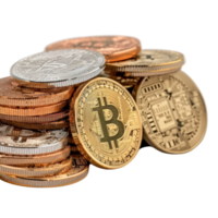 A Close-Up View of Various Cryptocurrency Coins Piled Together with Different Designs and Colors png