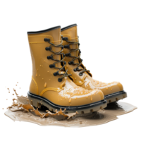 Yellow Rubber Boots in Puddle with Water Splash and Reflection on White Background png