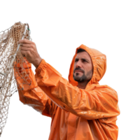 Fisherman in Orange Raincoat Holding Fishing Net Against Gray Background png