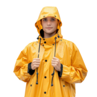 Young Adult in Yellow Raincoat with Hood Facing Forward in Studio Setting png