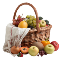 Assorted Fresh Fruits and Vegetables in a Rustic Wicker Basket on a White Background png