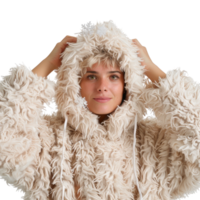 Cozy Person in Plush Cream Hooded Jacket with Fluffy Texture and Soft Feel png