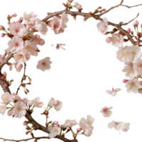 Delicate Cherry Blossom Branch with Pink Flowers and Buds Against a Black Background png