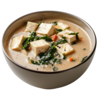 Creamy Tofu Soup with Fresh Spinach and Tomato in a Rustic Bowl on a White Background png