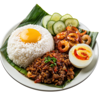 Delicious Plate of Rice with Shrimp, Egg, and Spicy Meat Dish Garnished with Vegetables png