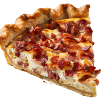 Delicious slice of creamy bacon quiche with crispy bacon on a flaky crust png