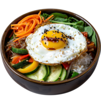 Delicious Colorful Bibimbap Bowl with Fried Egg and Fresh Vegetables on White Background png