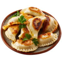 Delicious Golden Brown Dumplings on Rustic Plate with Fresh Green Parsley Garnish png