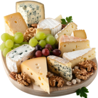 Assorted Cheeses with Nuts and Grapes on a Wooden Board for Gourmet Platter Presentation png
