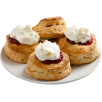 Delicious scones topped with jam and whipped cream on a white plate in a simple setting png