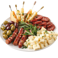 Assorted Cheese and Sausage Platter with Olives and Picked Garnishes for Entertaining Guests png