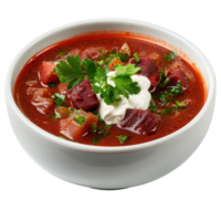 Fresh Homemade Beet Soup Topped with Cream and Parsley in a White Bowl on Isolated Background png