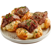 Untitled plate with tender beef, mashed potatoes, and fresh herbs on a light background png
