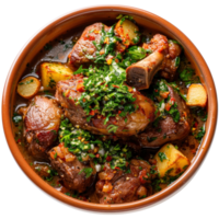 Savory Meat Stew with Fresh Herbs and Vegetables in a Rustic Clay Bowl png
