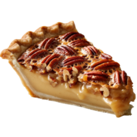 Delicious slice of pecan pie with golden crust and topped with toasted nuts on a white background png
