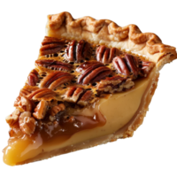 Delicious slice of pecan pie with glossy syrup and toasted nuts on a golden crust png