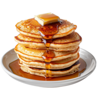 Stack of Homemade Pancakes with Butter and Maple Syrup Drizzling Over the Side png