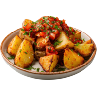 Crispy Golden Roasted Potatoes Topped with Fresh Tomato Salsa and Chopped Parsley Garnish png
