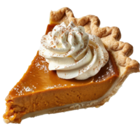 Delicious slice of pumpkin pie topped with whipped cream and sprinkled with cinnamon powder png