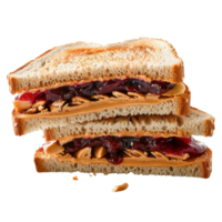 Delicious peanut butter and jelly sandwich with crispy toasted bread layers stacked high png