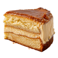 Delicious Layered Cake with Creamy Filling and Golden Caramel Frosting on White Background png