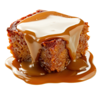 Moist and Delicious Caramel Cake with Drizzling Caramel Sauce on a White Background png
