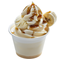 Creamy Vanilla Ice Cream with Caramel Swirls and Banana Slices in a Cup png