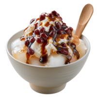 Delightful Dessert Bowl with Shaved Ice, Cream, Red Beans, and Sweet Syrup Drizzle png