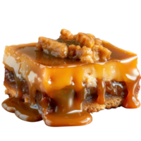 Delicious Caramel Dessert with Nut Topping on Creamy Layered Base in Gourmet Presentation png