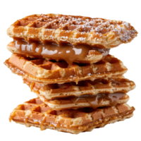Delicious stacked waffles with creamy filling drizzling between layers on a white background png